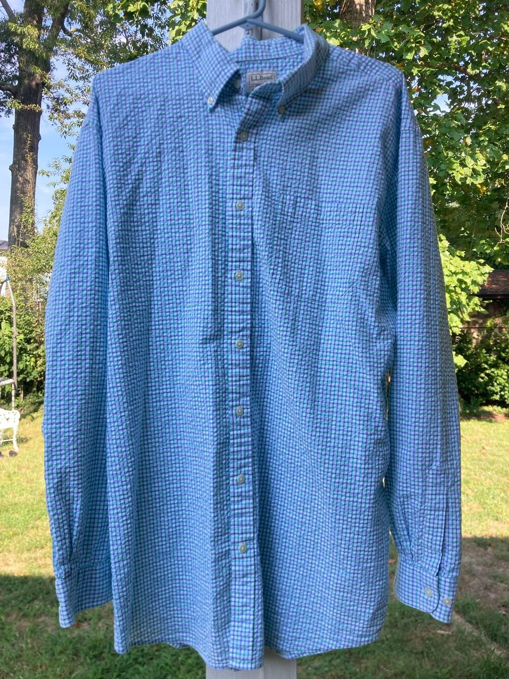 L. L. Bean-Preppy Ivy League Blue & Green Seersucker Button Down-XL Tall
